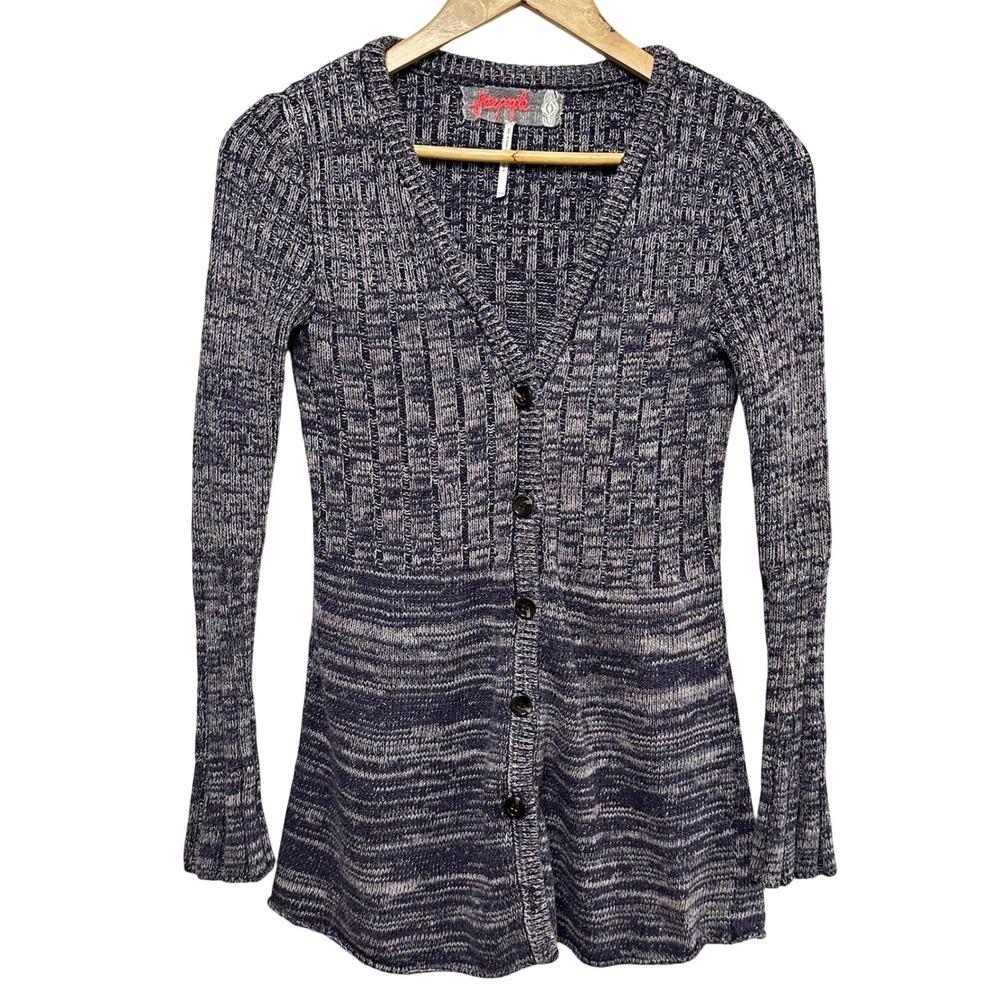Free People Cardigan Womens XS Purple Space Dye Button Front Ribbed Knit Boho